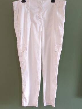 Chicos Linen Cotton Blend Crop Cargo Style Pants White Zip Closure Sz L